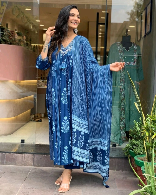 LCW 5705 *New lounch Cotton  A-line Kurta Pant Set  Hand work& embroidery* - Blue, M-38