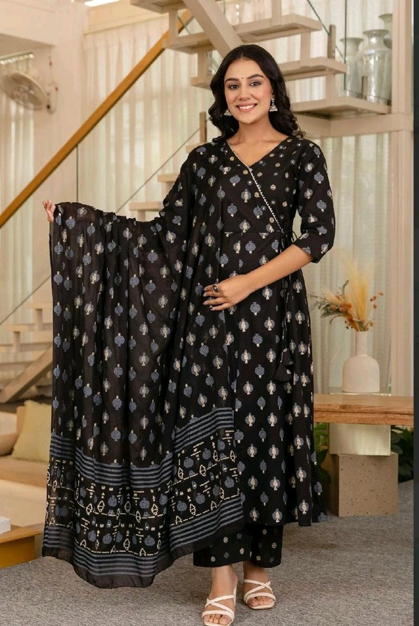 LCW 5708 Beautiful cotton embroidered anarkali style anagrakha three pcs set perfact  - Black, L-40