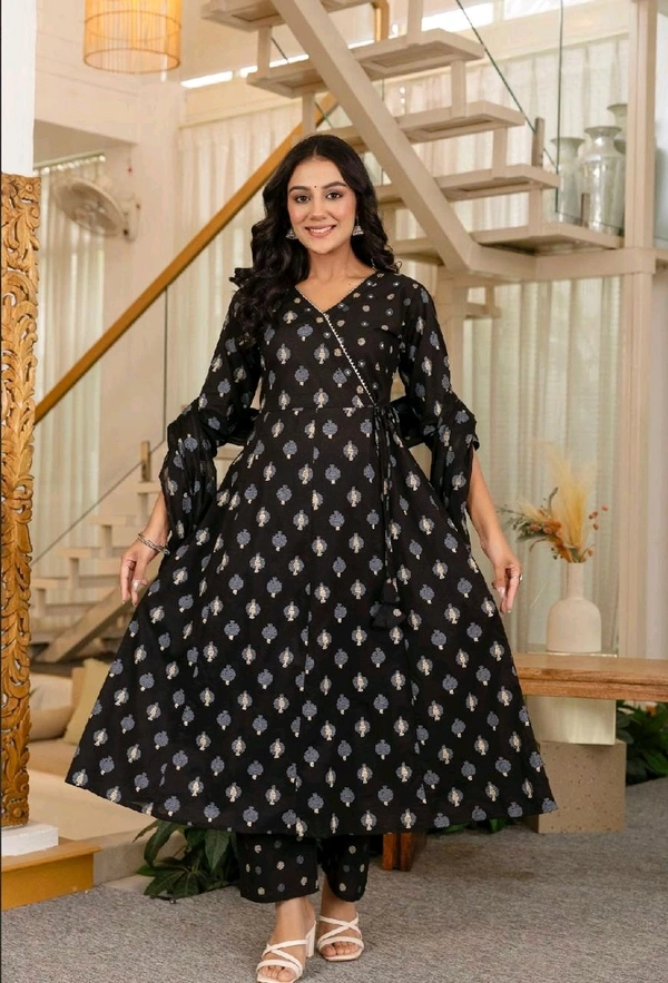 LCW 5708 Beautiful cotton embroidered anarkali style anagrakha three pcs set perfact  - Black, XL-42