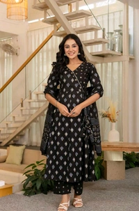 LCW 5708 Beautiful cotton embroidered anarkali style anagrakha three pcs set perfact  - Black, 2XL-44