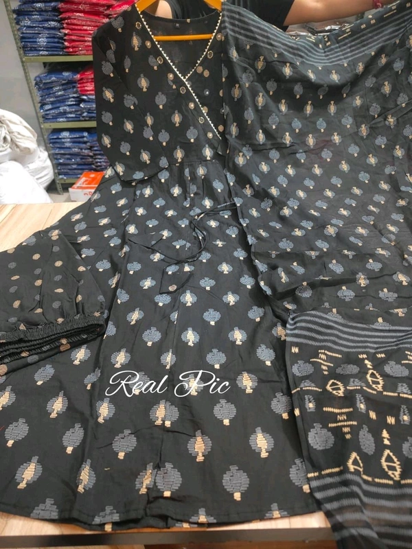 LCW 5708 Beautiful cotton embroidered anarkali style anagrakha three pcs set perfact  - Black, 2XL-44