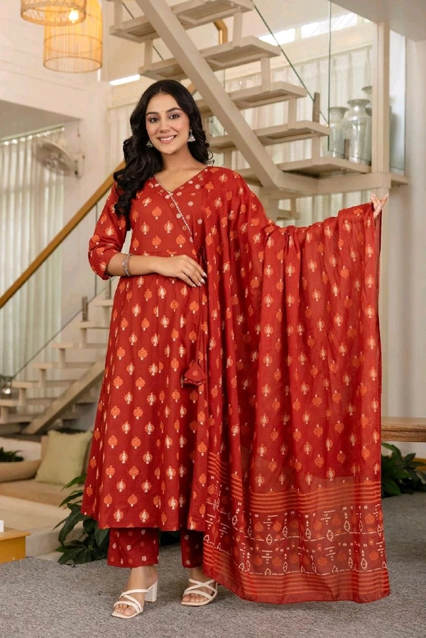 LCW 5708 Beautiful cotton embroidered anarkali style anagrakha three pcs set perfact  - Red, 2XL-44