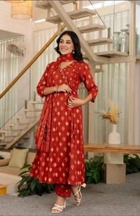 LCW 5708 Beautiful cotton embroidered anarkali style anagrakha three pcs set perfact  - Red, 2XL-44