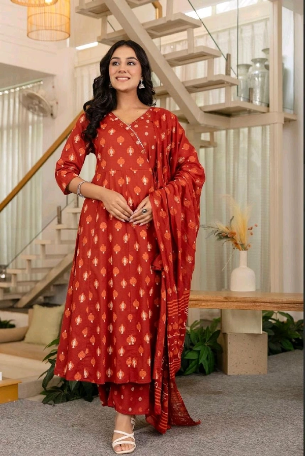 LCW 5708 Beautiful cotton embroidered anarkali style anagrakha three pcs set perfact  - Red, 2XL-44