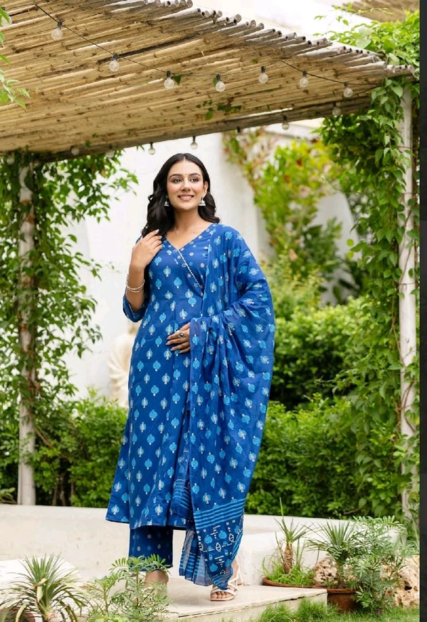 LCW 5708 Beautiful cotton embroidered anarkali style anagrakha three pcs set perfact  - Blue, XL-42