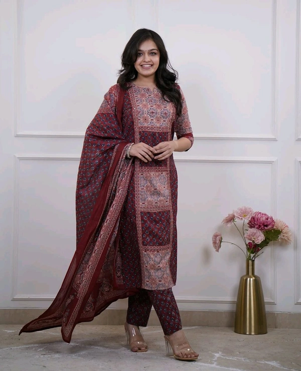 LCW 5709 *New beautiful Kurta Pant With  print dupatta sets Traditional wear Work Hand mirror work - Maroon, 2XL-44