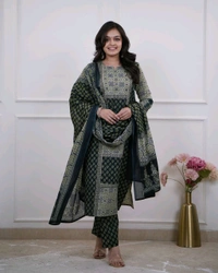 LCW 5709 *New beautiful Kurta Pant With  print dupatta sets Traditional wear Work Hand mirror work - Dark green, L-40