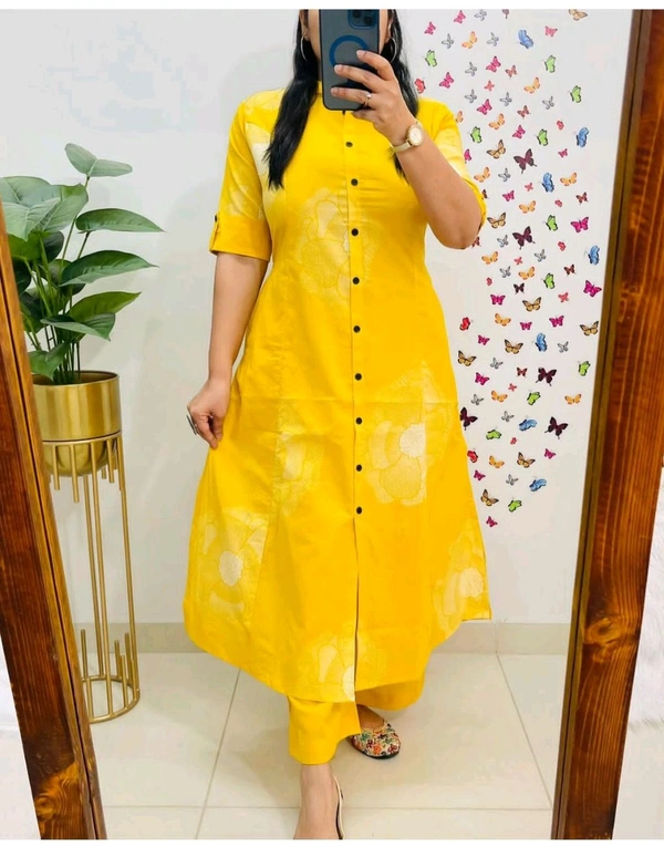 LCW 5711  Newest Jaipur print _cord -set 
*Featuring beautiful a line cord _set Jaipur print  border Design Less work Kurti with side pocket*
 - Yellow, 2XL-44