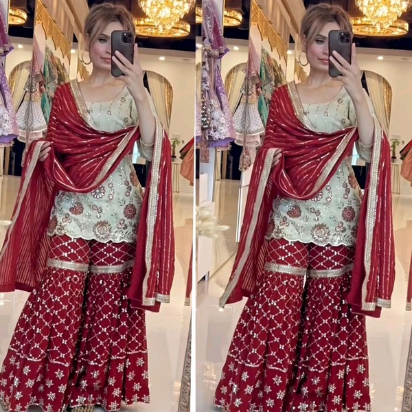 DSS 5714 New Designer Party Wear Look Top Heavy Chinnon Silk, Sharara Plazzo and Dupatta With Beautiful Embroidery Work - XL-42