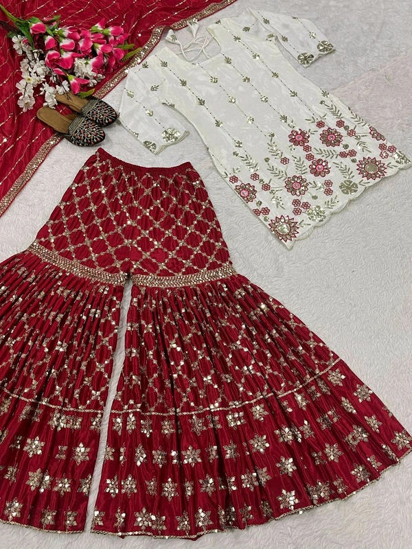 DSS 5714 New Designer Party Wear Look Top Heavy Chinnon Silk, Sharara Plazzo and Dupatta With Beautiful Embroidery Work - XL-42
