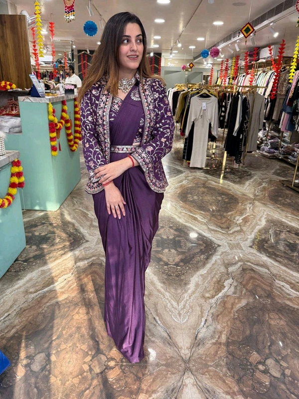 DSS 5715  New Ready To Wear Saree With Jacket Saree 
 Heavy Diamond Satin Silk With Multi Thread Embroidery  With Patch Work Butta* - Purple, 2XL-44