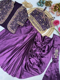 DSS 5715  New Ready To Wear Saree With Jacket Saree 
 Heavy Diamond Satin Silk With Multi Thread Embroidery  With Patch Work Butta* - Purple, 2XL-44