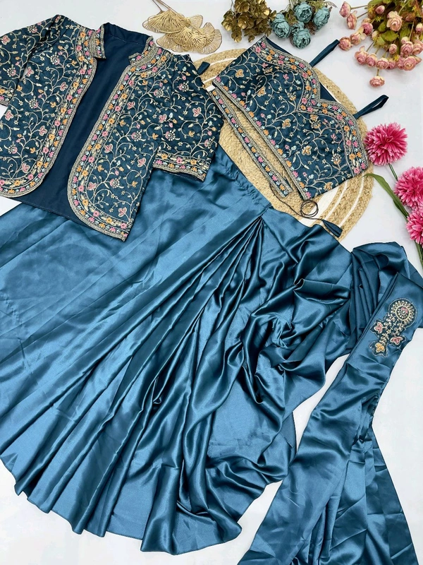 DSS 5715  New Ready To Wear Saree With Jacket Saree 
 Heavy Diamond Satin Silk With Multi Thread Embroidery  With Patch Work Butta* - Teal, 2XL-44