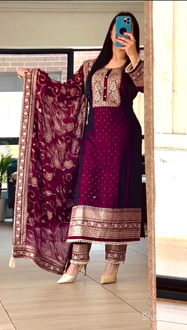 DSS 5718 New Designer Long Chinon Silk  Pakistani Suit Top , Pant and Dupptta Heavy Embroidery Sequence Work  - Purple, M-38