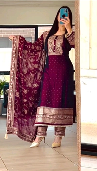 DSS 5718 New Designer Long Chinon Silk  Pakistani Suit Top , Pant and Dupptta Heavy Embroidery Sequence Work  - Purple, L-40