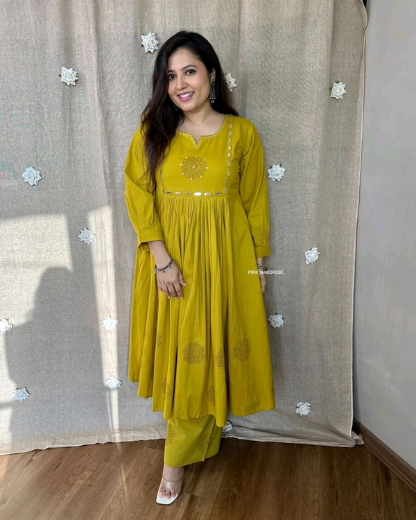 LCW 5722  Heavy Pure Cotton  Embroidery Work Kurti with Pant with  - Yellow, XL-42