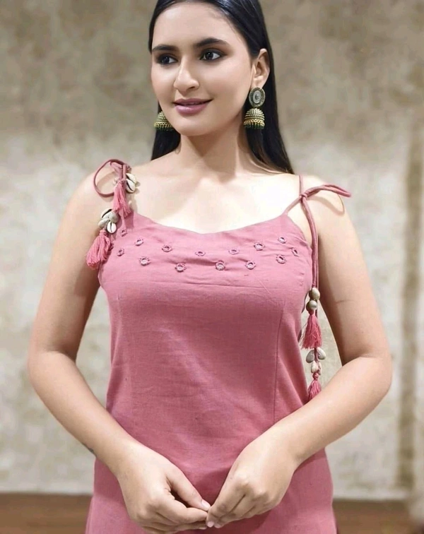 LCW 5724 beautiful elegant mirror work Cotton slub Kurta Pant Set  - Blush Pink, M-38