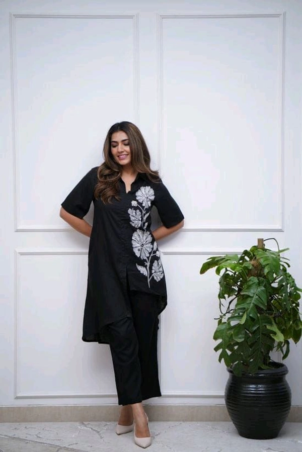 LCW 5727 New look  Embroidered Work Pure Cotton   Cord Set  - Black, L-40