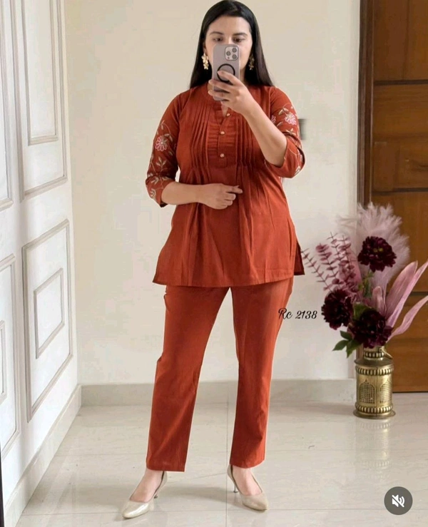 LCW 5728 New designer Cotton Co-ord Set With Heavy Floral Embroidery Work With Side Pocket  - Orange, 3XL-46