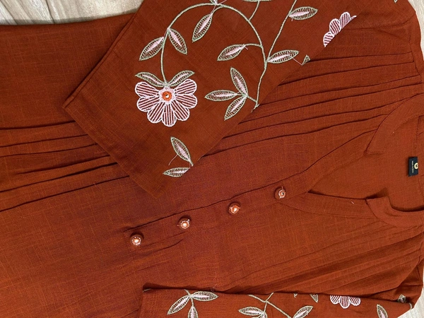 LCW 5728 New designer Cotton Co-ord Set With Heavy Floral Embroidery Work With Side Pocket  - Orange, 3XL-46