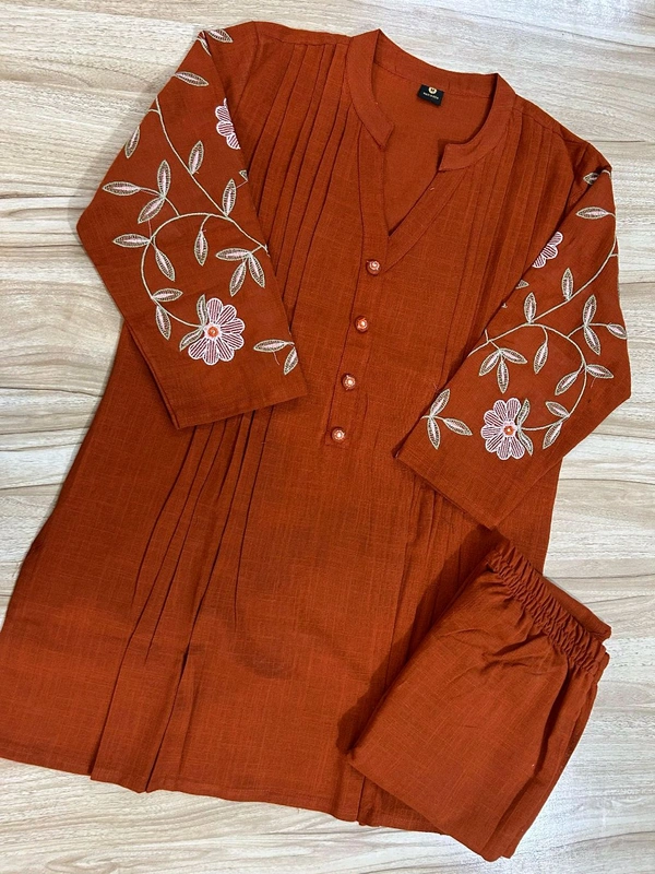 LCW 5728 New designer Cotton Co-ord Set With Heavy Floral Embroidery Work With Side Pocket  - Orange, 3XL-46