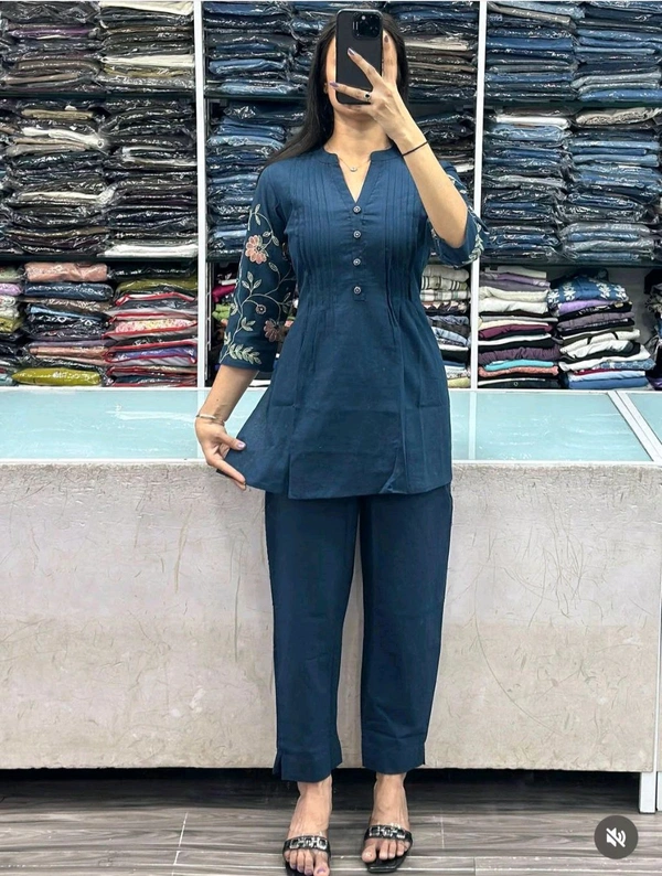LCW 5728 New designer Cotton Co-ord Set With Heavy Floral Embroidery Work With Side Pocket  - Blue, XL-42