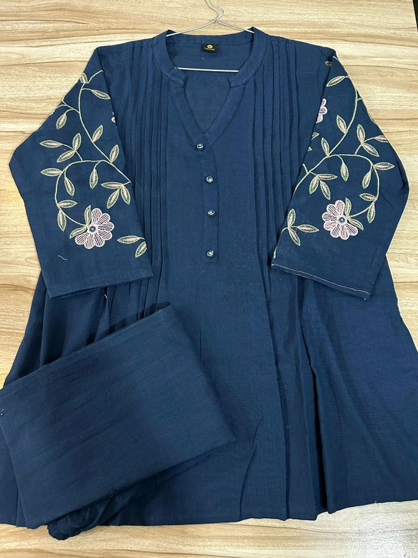 LCW 5728 New designer Cotton Co-ord Set With Heavy Floral Embroidery Work With Side Pocket  - Blue, 2XL-44