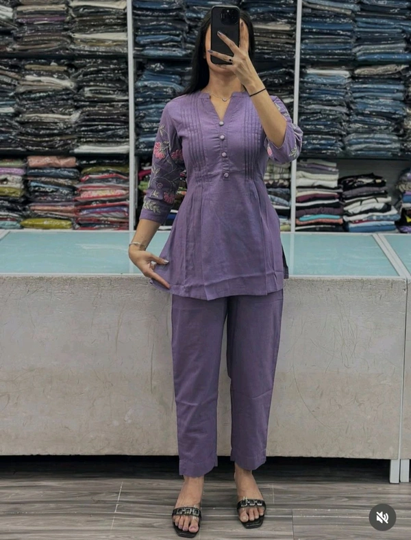 LCW 5728 New designer Cotton Co-ord Set With Heavy Floral Embroidery Work With Side Pocket  - Purple, 3XL-46