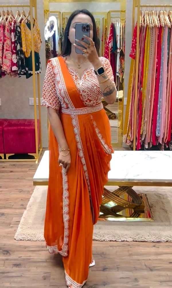 DSS 5732 *New Super Embroidery cording work ready to wear Chinon Silk  saree with Embroidery Blouses  - Orange, XL-42