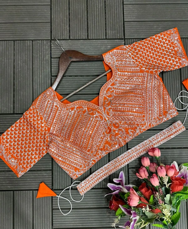 DSS 5732 *New Super Embroidery cording work ready to wear Chinon Silk  saree with Embroidery Blouses  - Orange, XL-42