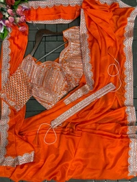 DSS 5732 *New Super Embroidery cording work ready to wear Chinon Silk  saree with Embroidery Blouses  - Orange, XL-42
