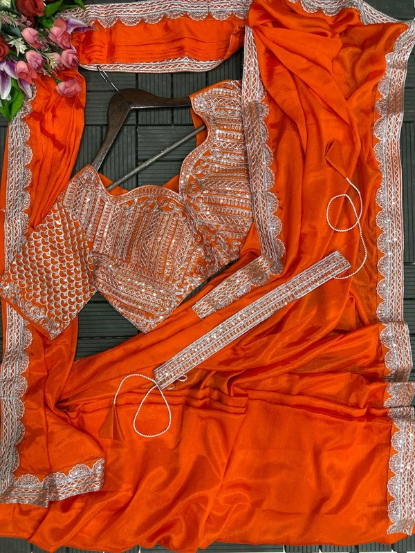 DSS 5732 *New Super Embroidery cording work ready to wear Chinon Silk  saree with Embroidery Blouses  - Orange, XL-42