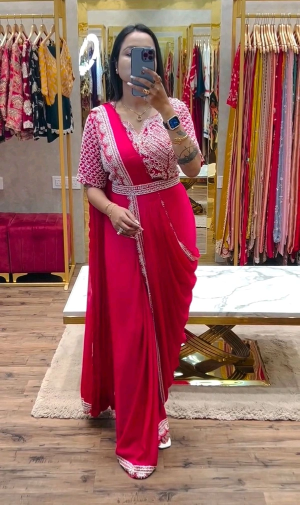 DSS 5732 *New Super Embroidery cording work ready to wear Chinon Silk  saree with Embroidery Blouses  - Rani pink, XL-42