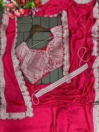 DSS 5732 *New Super Embroidery cording work ready to wear Chinon Silk  saree with Embroidery Blouses  - Rani pink, XL-42