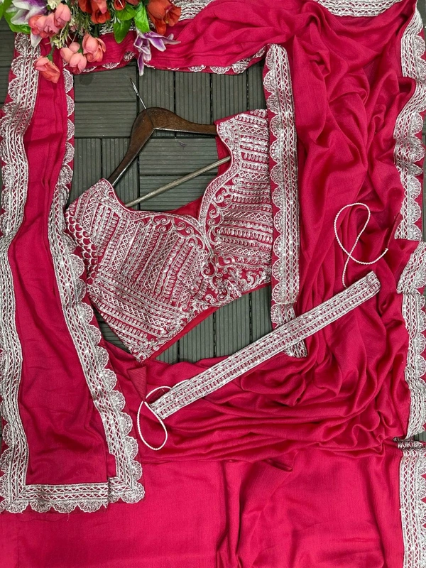 DSS 5732 *New Super Embroidery cording work ready to wear Chinon Silk  saree with Embroidery Blouses  - Rani pink, XL-42