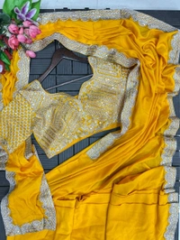 DSS 5732 *New Super Embroidery cording work ready to wear Chinon Silk  saree with Embroidery Blouses  - Yellow, XL-42