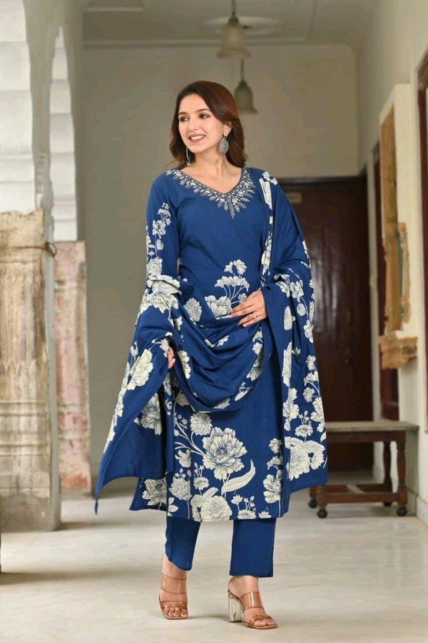 LCW 5734 *New Printed Cotton Kurti Pant Dupatta  Set With Hand Work - Blue, L-40