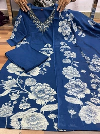 LCW 5734 *New Printed Cotton Kurti Pant Dupatta  Set With Hand Work - Blue, L-40