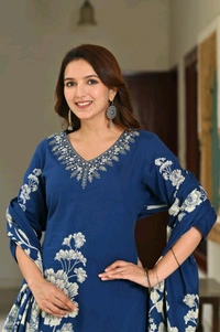 LCW 5734 *New Printed Cotton Kurti Pant Dupatta  Set With Hand Work - Blue, 2XL-44