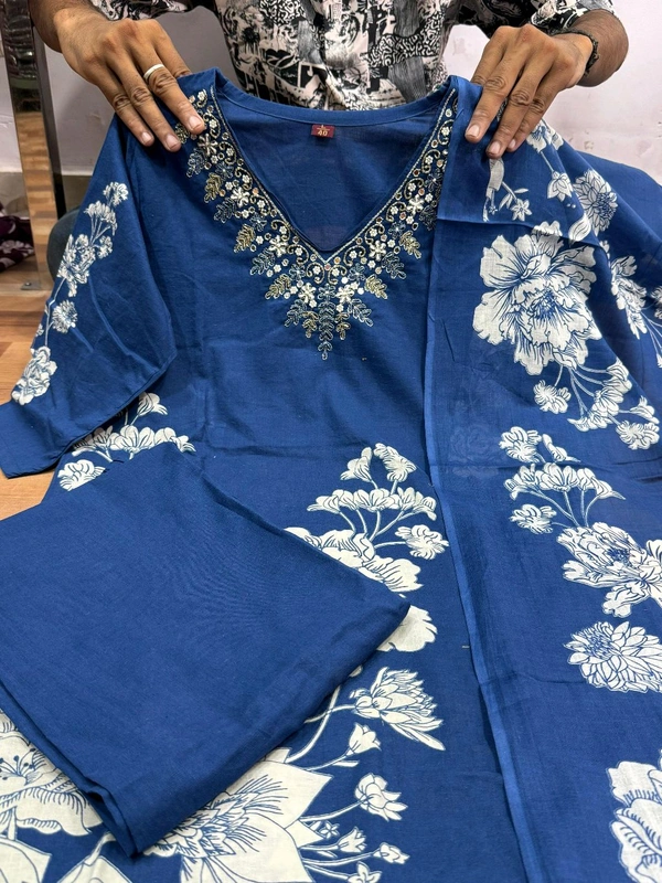 LCW 5734 *New Printed Cotton Kurti Pant Dupatta  Set With Hand Work - Blue, 2XL-44