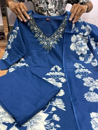 LCW 5734 *New Printed Cotton Kurti Pant Dupatta  Set With Hand Work - Blue, 3XL-46