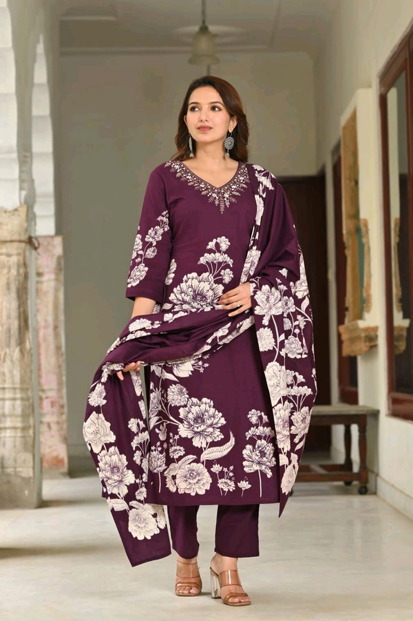 LCW 5734 *New Printed Cotton Kurti Pant Dupatta  Set With Hand Work - Purple, M-38