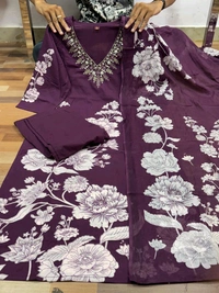 LCW 5734 *New Printed Cotton Kurti Pant Dupatta  Set With Hand Work - Purple, 2XL-44