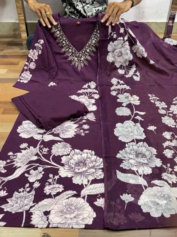 LCW 5734 *New Printed Cotton Kurti Pant Dupatta  Set With Hand Work - Purple, 2XL-44