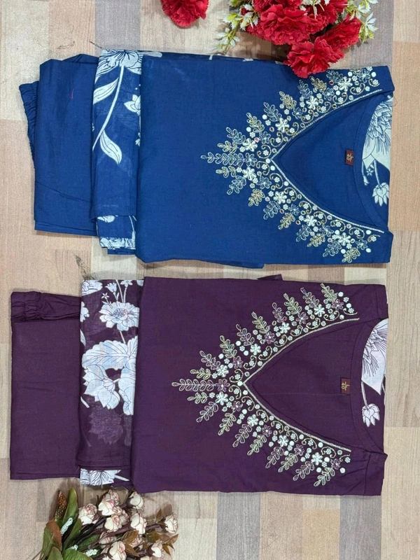 LCW 5734 *New Printed Cotton Kurti Pant Dupatta  Set With Hand Work - Purple, 2XL-44