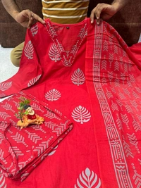 LCW 5735 New Cotton Kurti Pant Dupatta Set Beautiful Hand work Print With  Side Pocket  - Red, L-40
