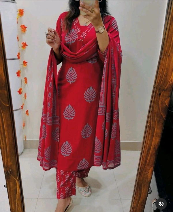 LCW 5735 New Cotton Kurti Pant Dupatta Set Beautiful Hand work Print With  Side Pocket  - Red, 3XL-46