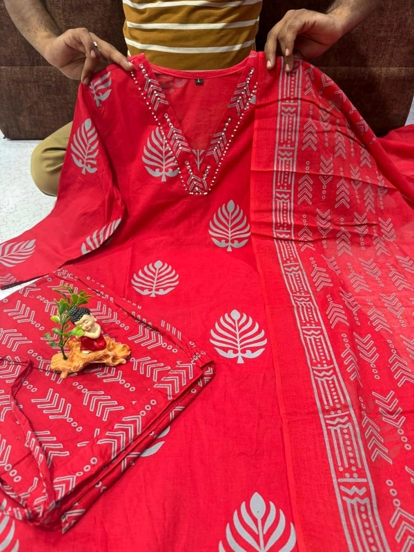 LCW 5735 New Cotton Kurti Pant Dupatta Set Beautiful Hand work Print With  Side Pocket  - Red, 3XL-46