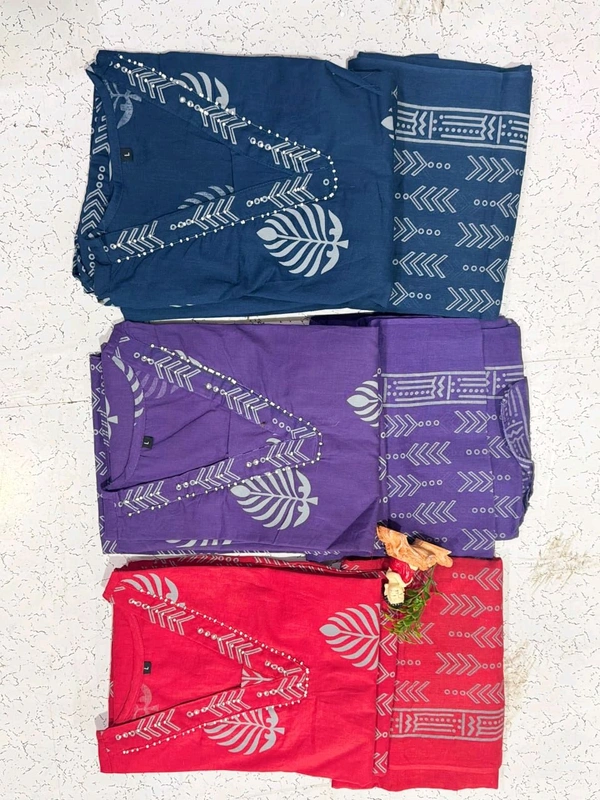 LCW 5735 New Cotton Kurti Pant Dupatta Set Beautiful Hand work Print With  Side Pocket  - Blue, L-40