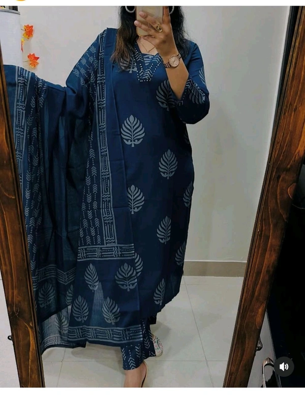 LCW 5735 New Cotton Kurti Pant Dupatta Set Beautiful Hand work Print With  Side Pocket  - Blue, 2XL-44